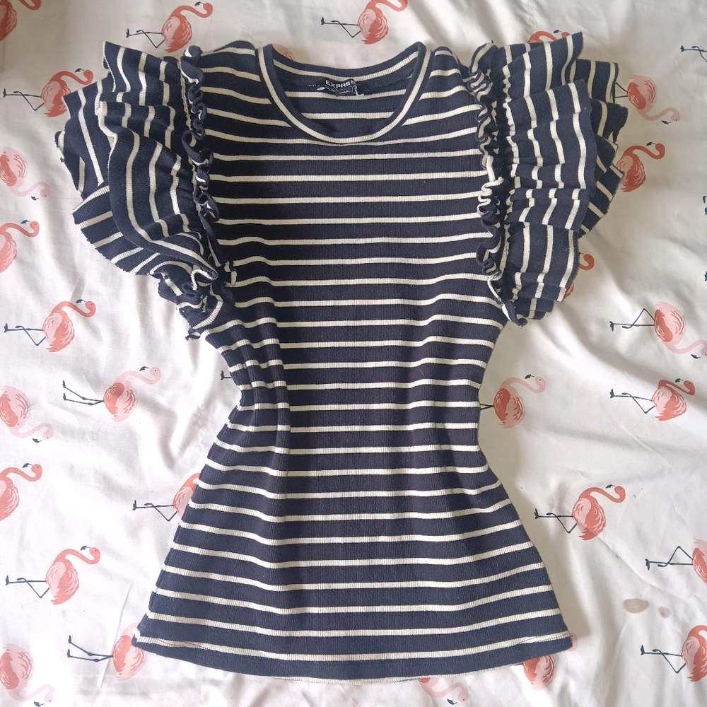 Navy Striped Ruffle Sleeve Top